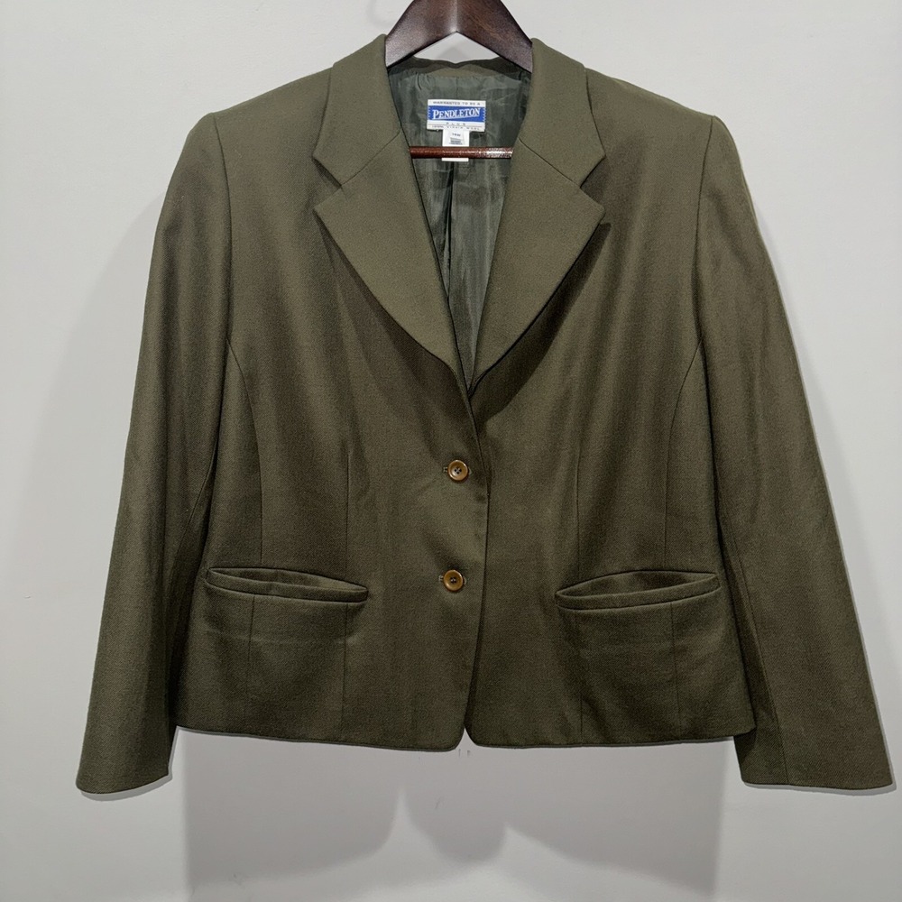 Pendleton‎ Womens Plus 14W Olive Green Wool Blazer Jacket Button Front Career